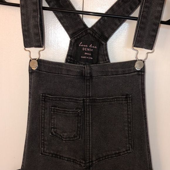 Black Distressed Short Jean Overalls - Picture 3 of 6